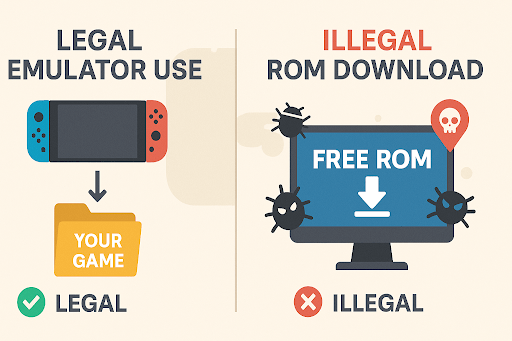 Legal Yuzu Emulator use vs illegal ROM downloads comparison infographic.