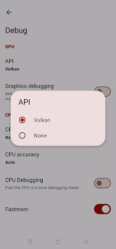 Yuzu Emulator Android Vulkan API debug settings for better performance.