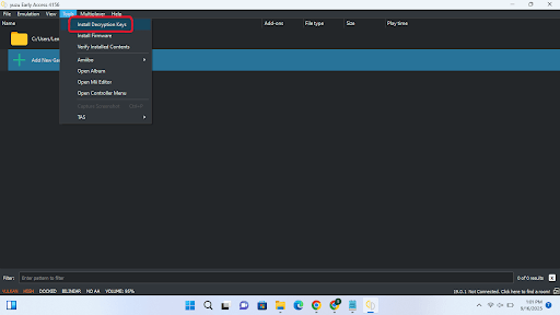 “Installing Yuzu Emulator decryption keys via Tools menu on Windows.