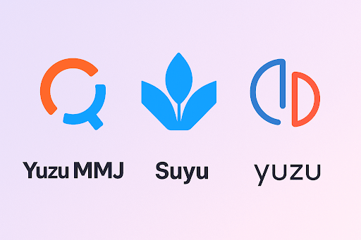 Yuzu MMJ, Suyu and Yuzu emulator logos comparison
