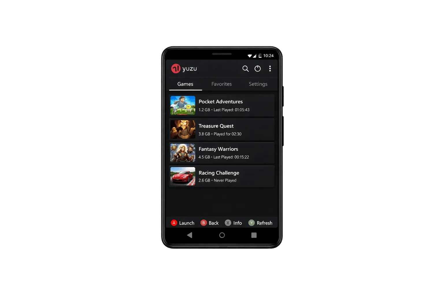 Yuzu emulator Android app interface showing game list