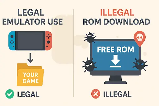 Legal Yuzu Emulator use vs illegal ROM downloads comparison infographic.