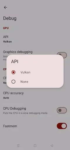 Yuzu Emulator Android Vulkan API debug settings for better performance.
