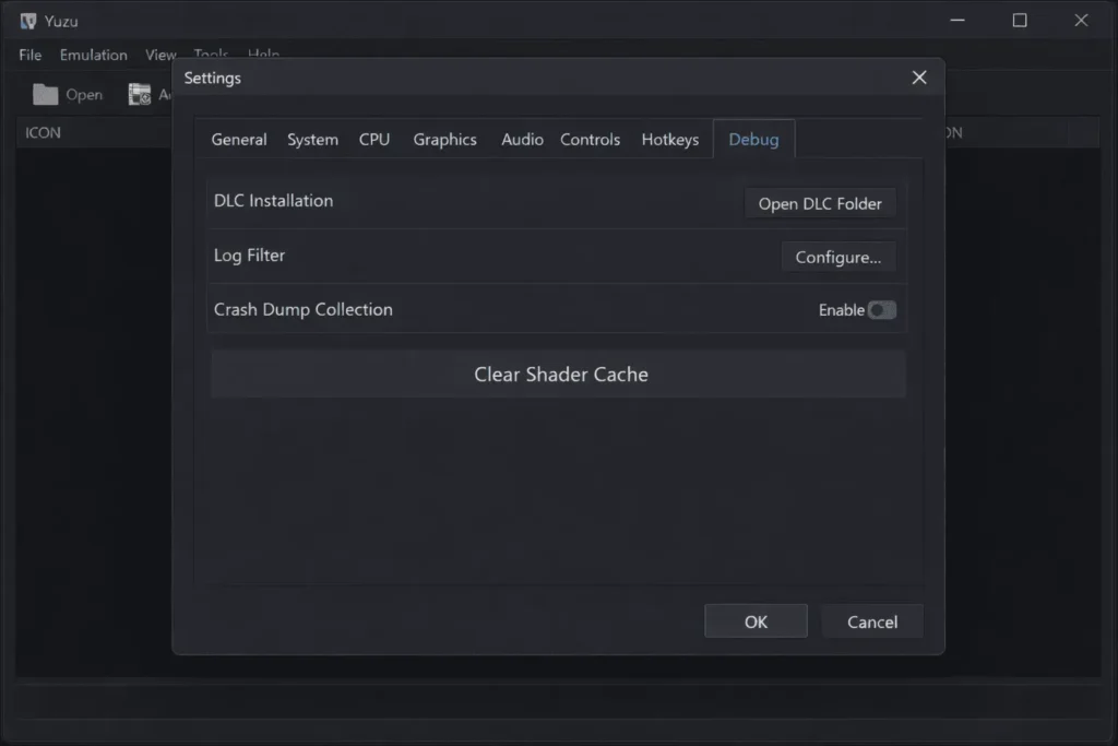 Clear shader cache option in Yuzu emulator settings