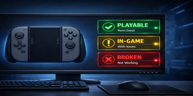 Nintendo Switch emulator compatibility status illustration showing playable, in-game, and broken games on PC