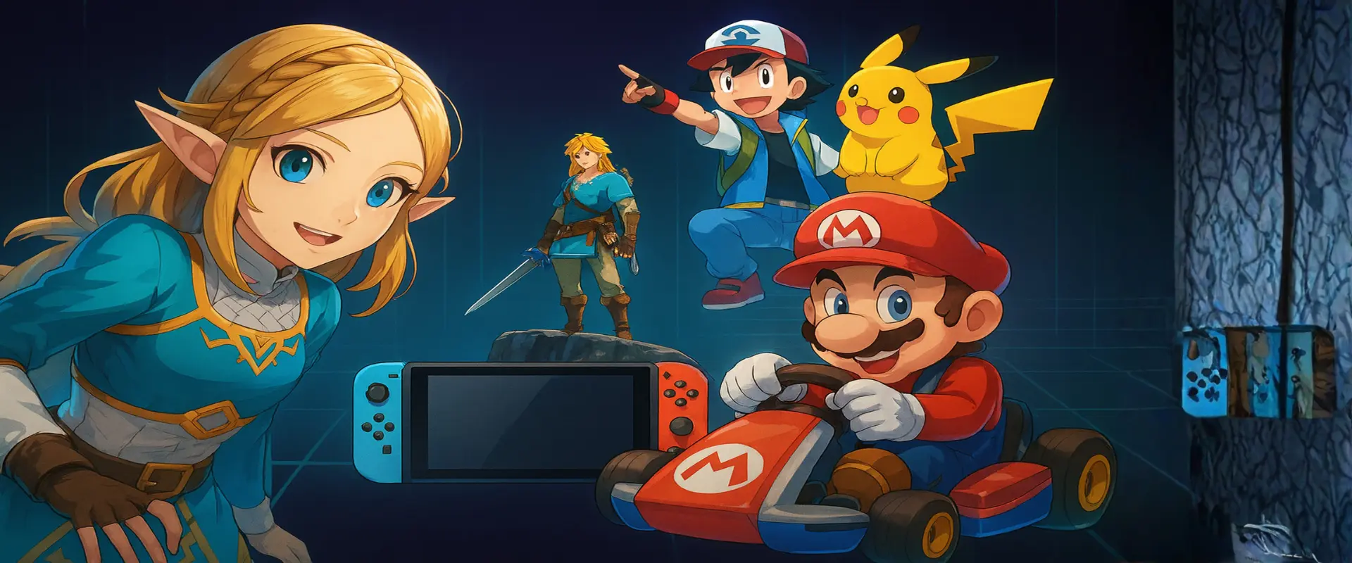 Cartoon style gaming scene showing handheld console connected to multiple screens in a modern gaming setup