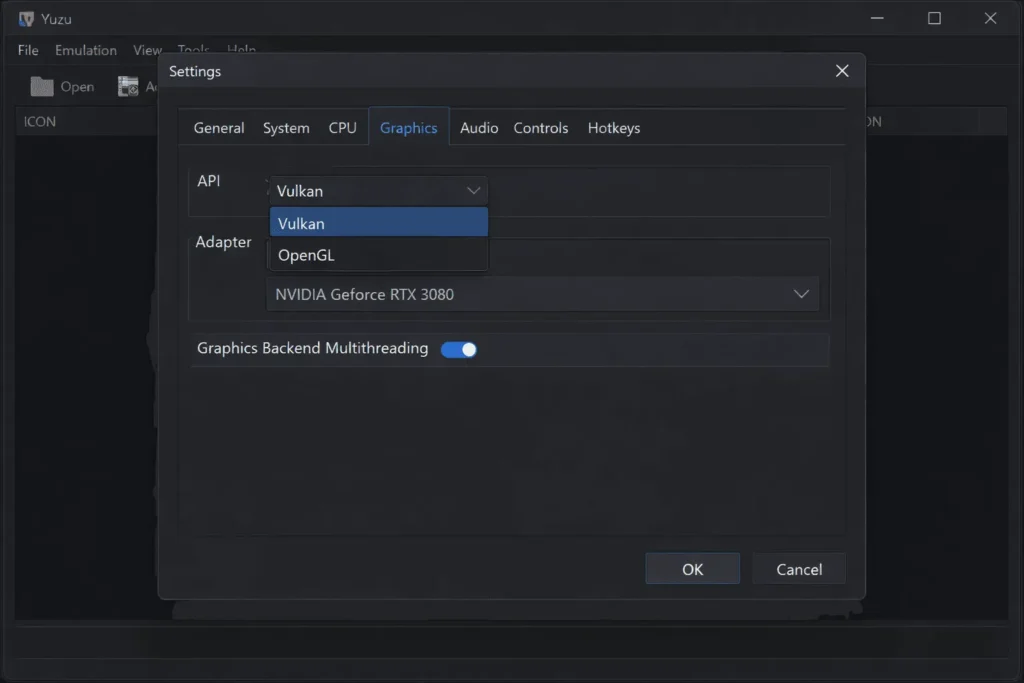Yuzu emulator graphics settings showing Vulkan and OpenGL options