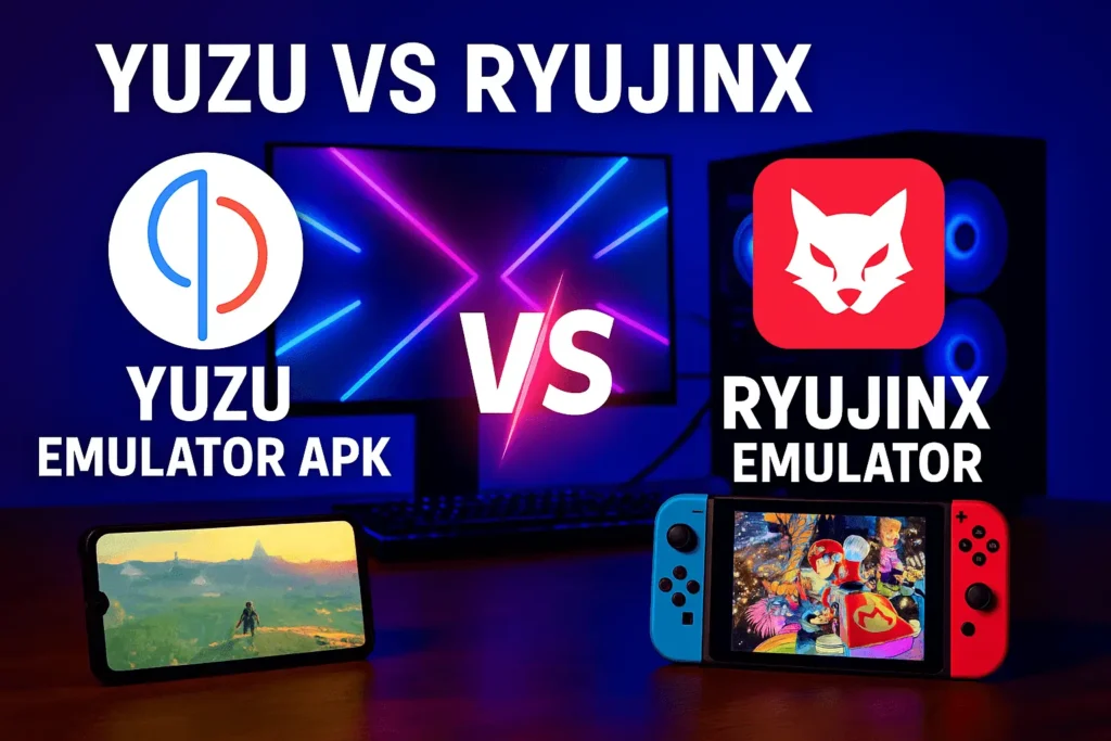 Yuzu Emulator APK vs Ryujinx Emulator comparison with Nintendo Switch gameplay