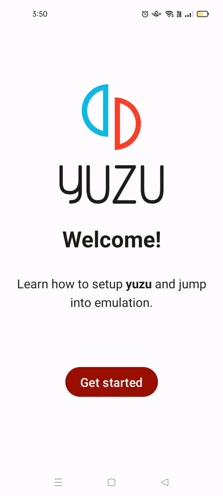 Yuzu Emulator welcome screen showing Get Started button on Android.