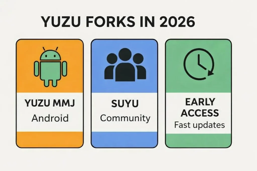 Yuzu Emulator forks: MMJ Android, Suyu community, Early Access versions.