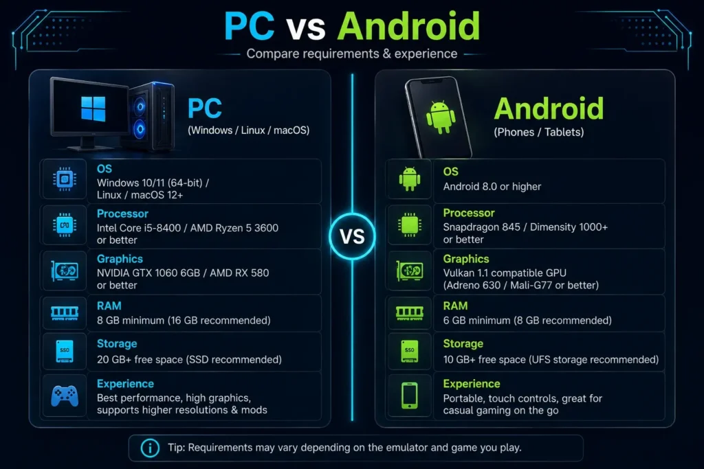 PC vs Android system requirements comparison for running a Nintendo Switch emulator, including RAM, GPU, and storage