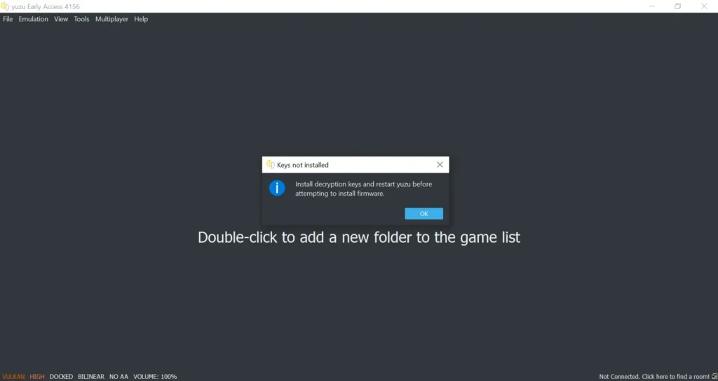 Yuzu Early Access 4156 keys not installed warning before firmware installation