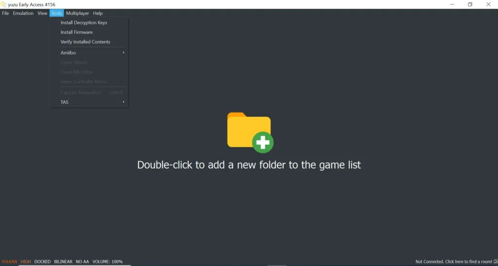 Yuzu Early Access 4156 Tools menu with Install Firmware and Install Decryption Keys
